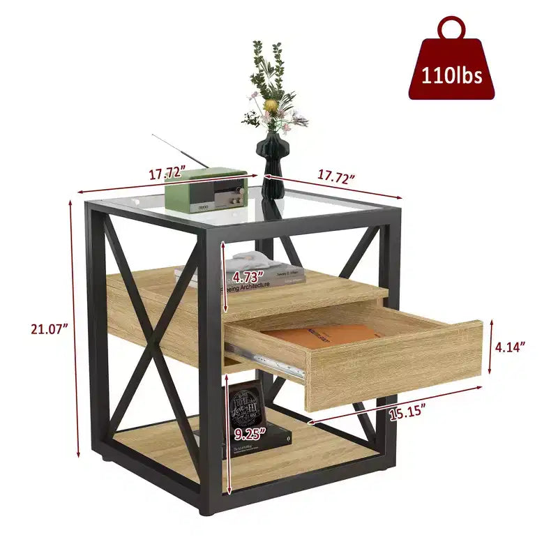 TUYOHW 1 PC/2 PCS Industrial Nightstand with Tempered Glass Top & Drawer,End Table with X-Frame,Side Table for Living Room,Bedroom,Home Office