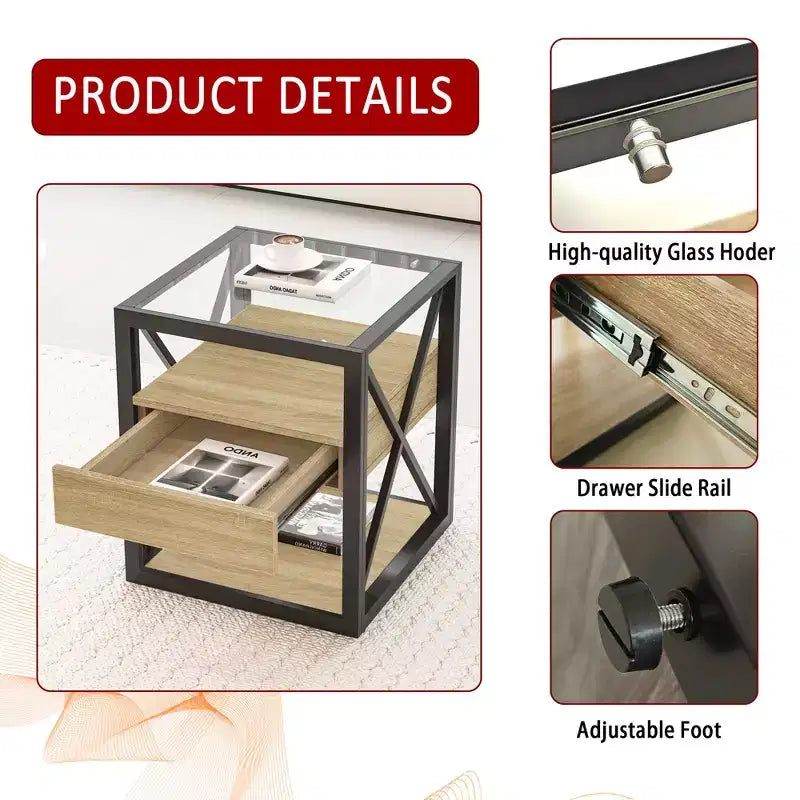 TUYOHW 1 PC/2 PCS Industrial Nightstand with Tempered Glass Top & Drawer,End Table with X-Frame,Side Table for Living Room,Bedroom,Home Office