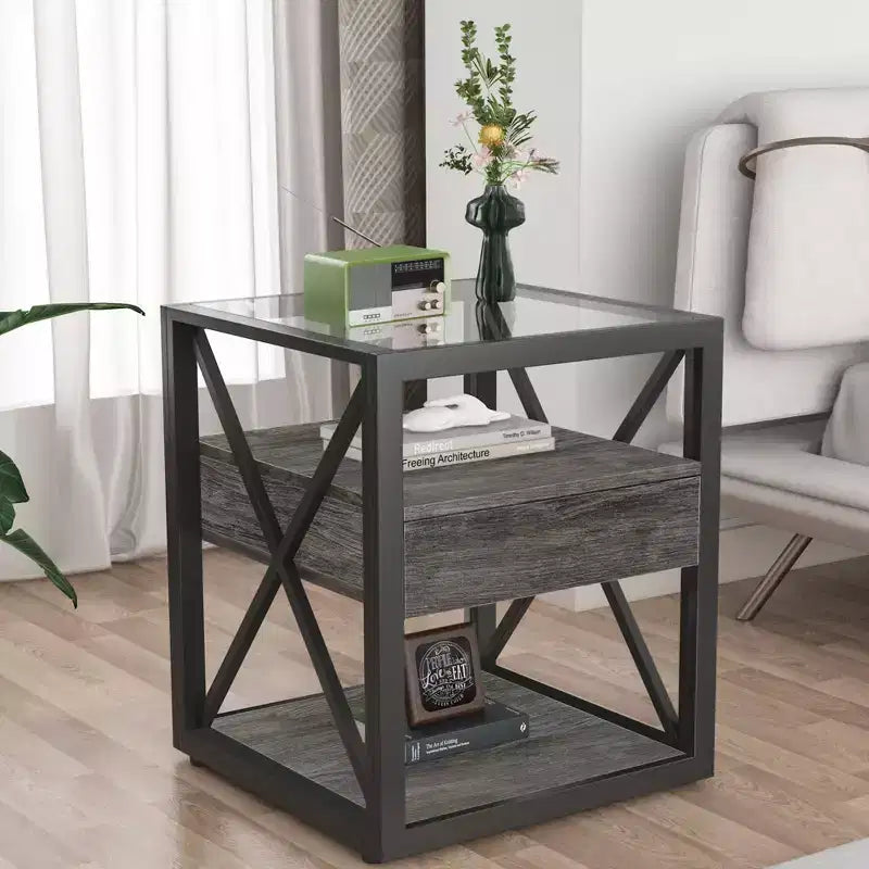 TUYOHW 1 PC/2 PCS Industrial Nightstand with Tempered Glass Top & Drawer,End Table with X-Frame,Side Table for Living Room,Bedroom,Home Office
