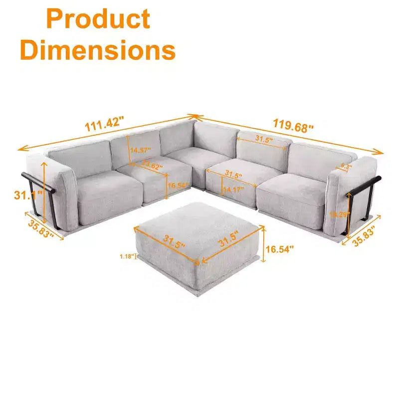Oversized 6-Seater L-Shaped Modular Sectional Sofa with Ottoman, Wood & Metal Frame, Modern Velvet Corner Couch for Living Room - Panipeachy