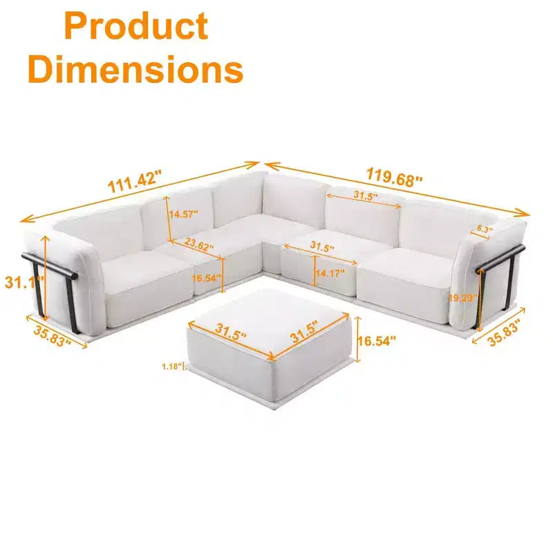 Oversized 6-Seater L-Shaped Modular Sectional Sofa with Ottoman, Wood & Metal Frame, Modern Velvet Corner Couch for Living Room - Panipeachy