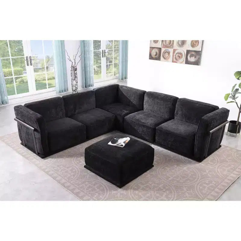 Oversized 6-Seater L-Shaped Modular Sectional Sofa with Ottoman, Wood & Metal Frame, Modern Velvet Corner Couch for Living Room - Panipeachy