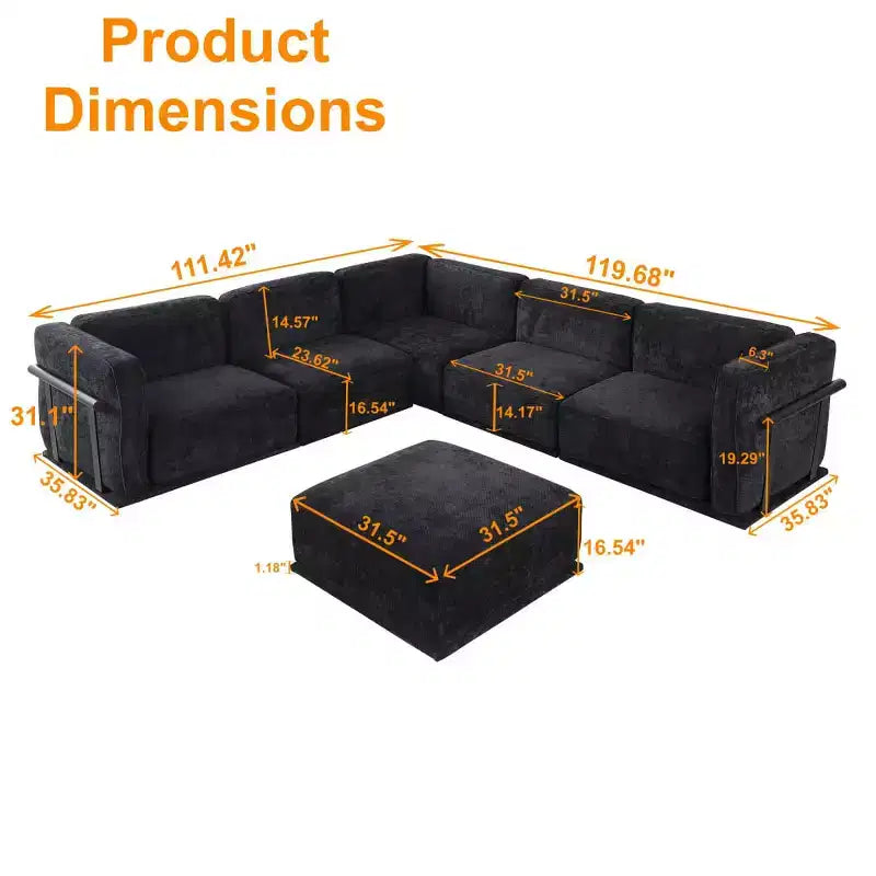Oversized 6-Seater L-Shaped Modular Sectional Sofa with Ottoman, Wood & Metal Frame, Modern Velvet Corner Couch for Living Room - Panipeachy