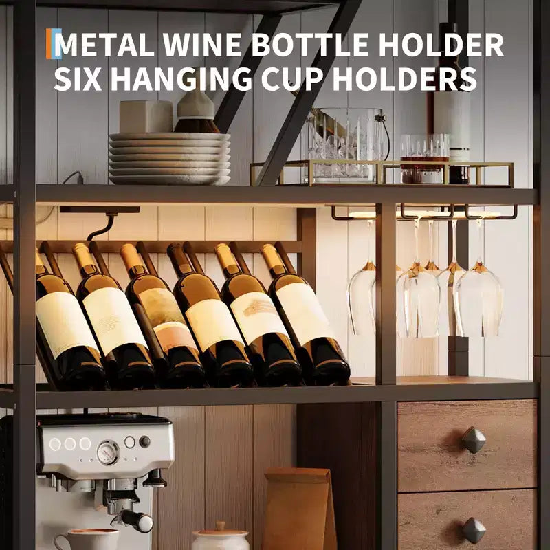 71 Tall Wine Bar Cabinet with LED Light, Industrial Wine Rack with Glass Holder, Coffee Bar Liquor Cabinet w/Doors, Microwave Stand Bakers Rack