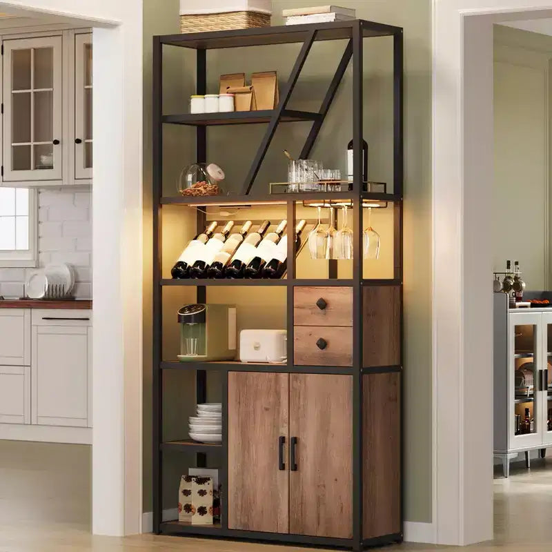 71 Tall Wine Bar Cabinet with LED Light, Industrial Wine Rack with Glass Holder, Coffee Bar Liquor Cabinet w/Doors, Microwave Stand Bakers Rack