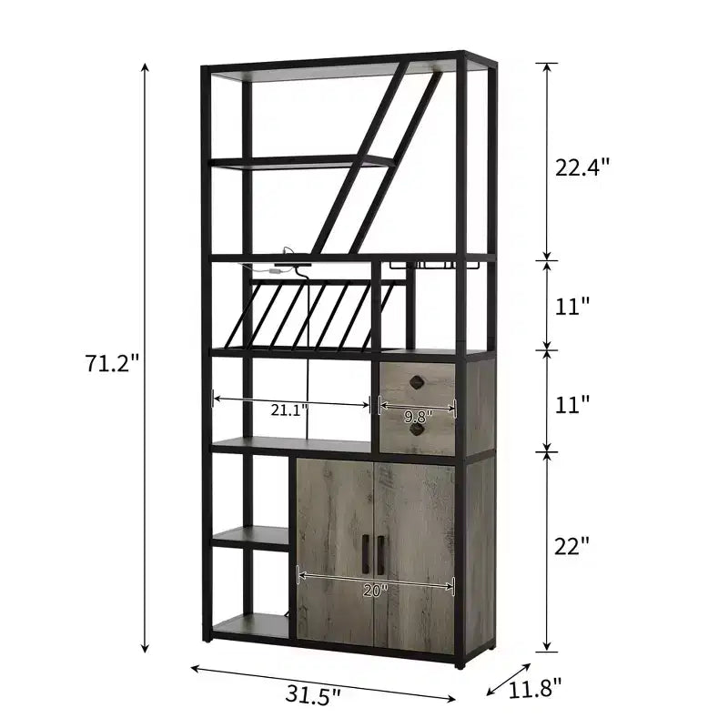 71 Tall Wine Bar Cabinet with LED Light, Industrial Wine Rack with Glass Holder, Coffee Bar Liquor Cabinet w/Doors, Microwave Stand Bakers Rack