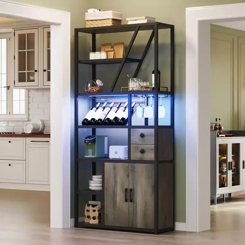 71 Tall Wine Bar Cabinet with LED Light, Industrial Wine Rack with Glass Holder, Coffee Bar Liquor Cabinet w/Doors, Microwave Stand Bakers Rack
