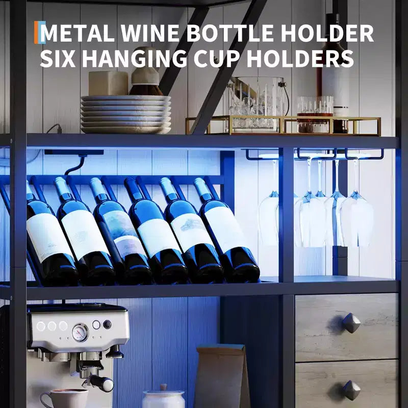 71 Tall Wine Bar Cabinet with LED Light, Industrial Wine Rack with Glass Holder, Coffee Bar Liquor Cabinet w/Doors, Microwave Stand Bakers Rack