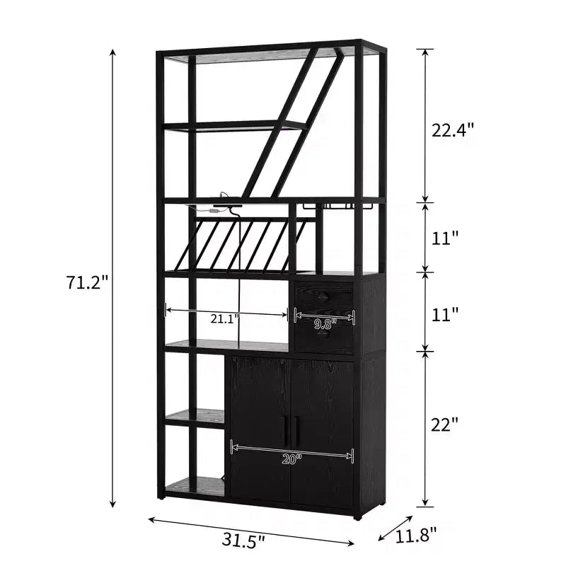 71 Tall Wine Bar Cabinet with LED Light, Industrial Wine Rack with Glass Holder, Coffee Bar Liquor Cabinet w/Doors, Microwave Stand Bakers Rack