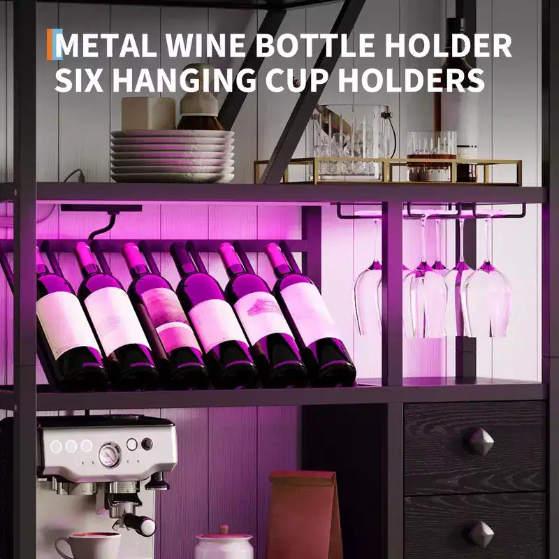 71 Tall Wine Bar Cabinet with LED Light, Industrial Wine Rack with Glass Holder, Coffee Bar Liquor Cabinet w/Doors, Microwave Stand Bakers Rack