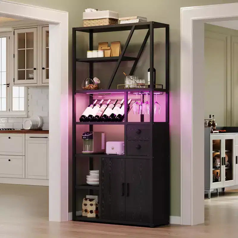 71 Tall Wine Bar Cabinet with LED Light, Industrial Wine Rack with Glass Holder, Coffee Bar Liquor Cabinet w/Doors, Microwave Stand Bakers Rack