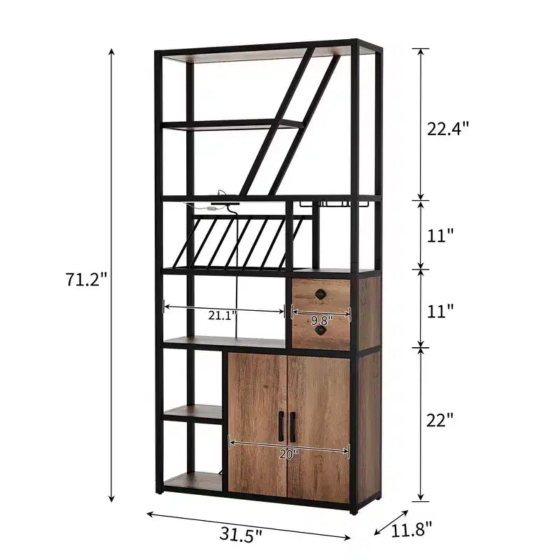 71 Tall Wine Bar Cabinet with LED Light, Industrial Wine Rack with Glass Holder, Coffee Bar Liquor Cabinet w/Doors, Microwave Stand Bakers Rack