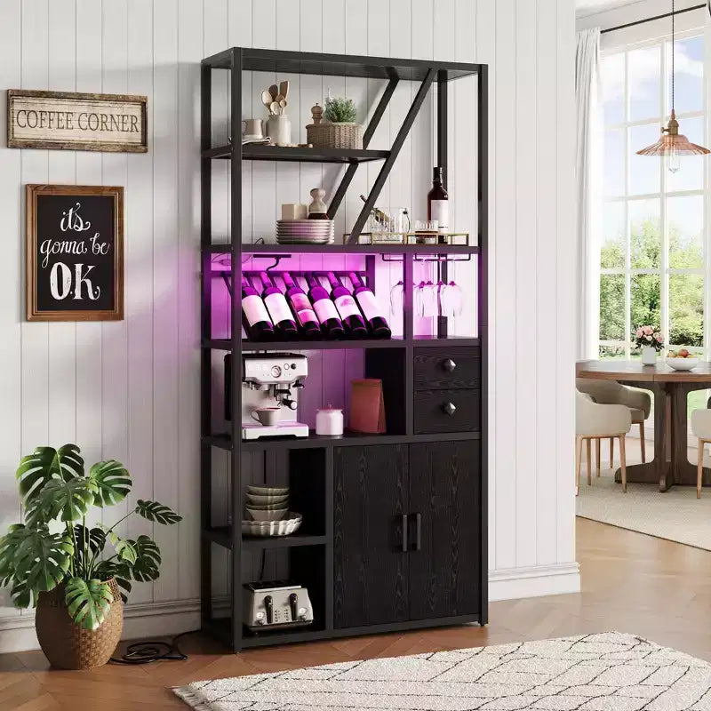 71 Tall Wine Bar Cabinet with LED Light, Industrial Wine Rack with Glass Holder, Coffee Bar Liquor Cabinet w/Doors, Microwave Stand Bakers Rack