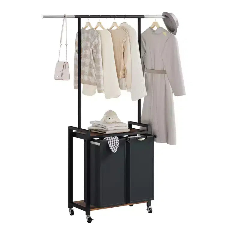 Laundry Sorter 2/3/4 Section,Rolling Laundry Sorter Hamper with Hanging Rack & Shelf, Laundry Basket Organizer with Lockable Wheels,Folding Station