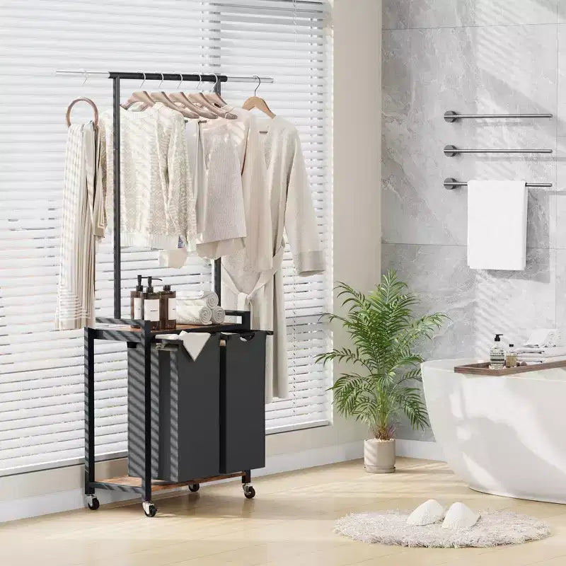 Laundry Sorter 2/3/4 Section,Rolling Laundry Sorter Hamper with Hanging Rack & Shelf, Laundry Basket Organizer with Lockable Wheels,Folding Station