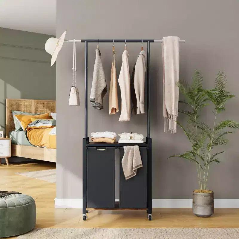 Laundry Sorter 2/3/4 Section,Rolling Laundry Sorter Hamper with Hanging Rack & Shelf, Laundry Basket Organizer with Lockable Wheels,Folding Station
