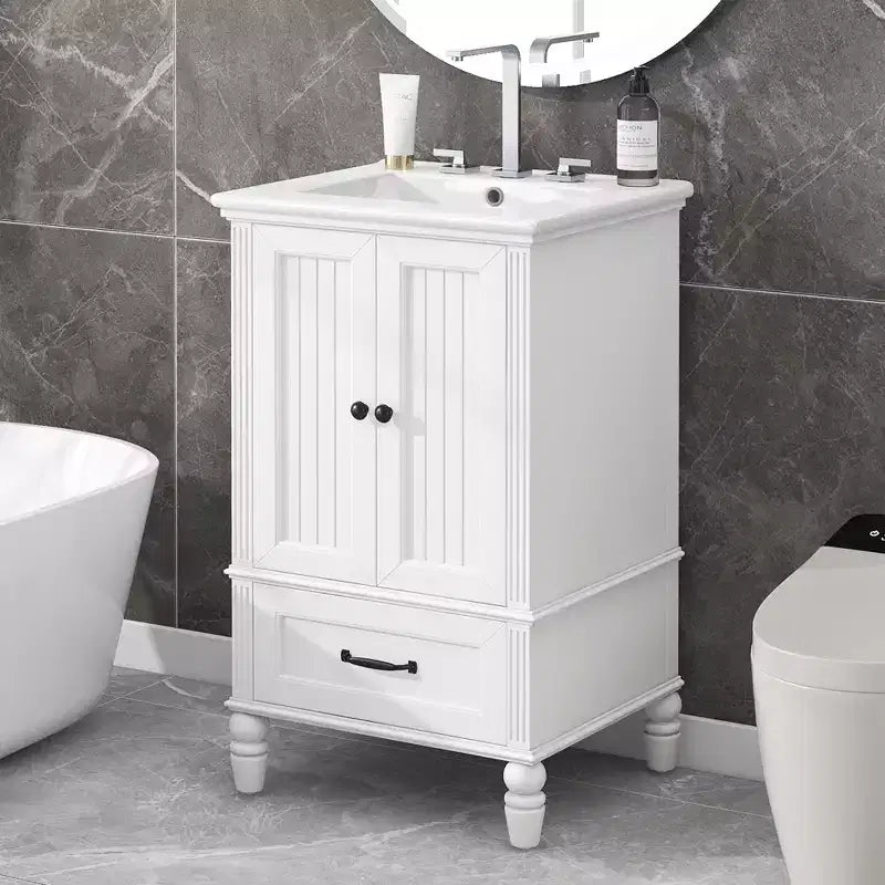 20 Small Bathroom Vanity Sink Combo with Storage , Wood Bathroom Floor Cabinet with Drawers and Doors, White