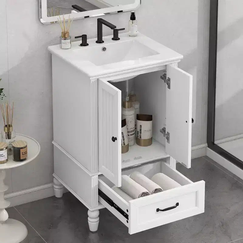 20 Small Bathroom Vanity Sink Combo with Storage , Wood Bathroom Floor Cabinet with Drawers and Doors, White