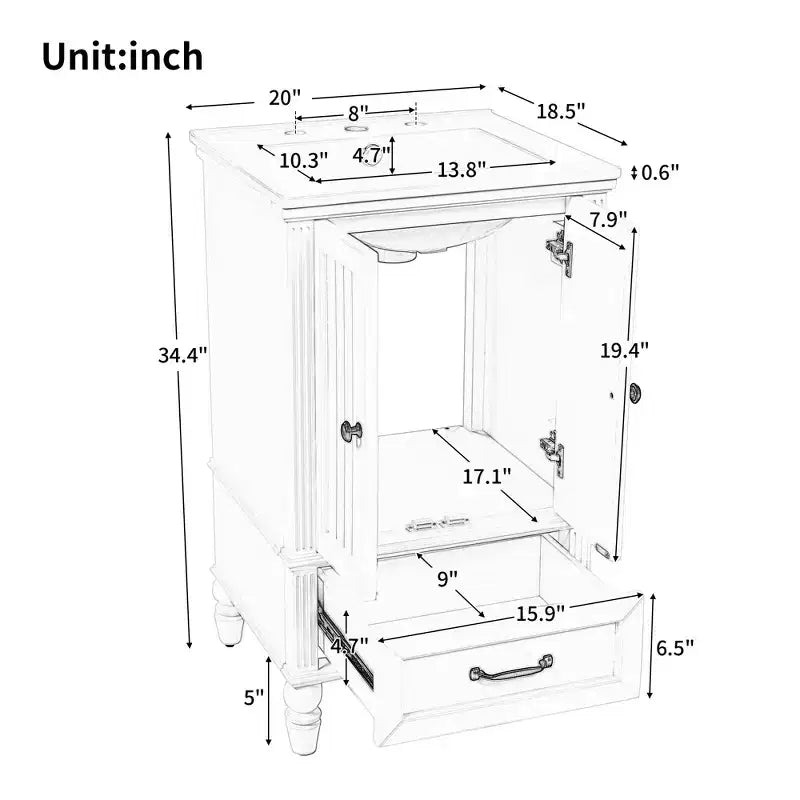 20 Small Bathroom Vanity Sink Combo with Storage , Wood Bathroom Floor Cabinet with Drawers and Doors, White