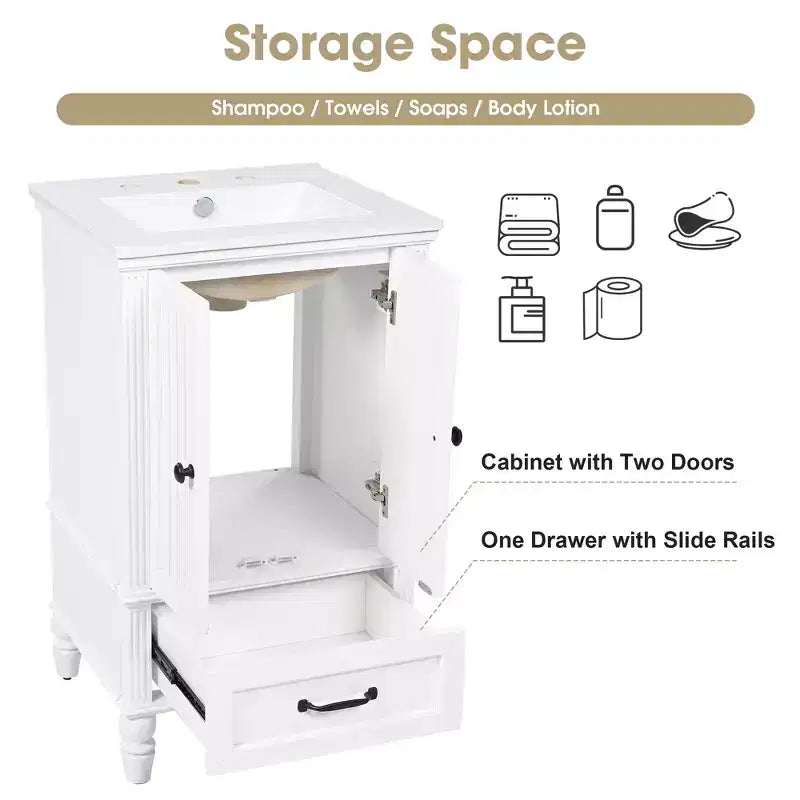 20 Small Bathroom Vanity Sink Combo with Storage , Wood Bathroom Floor Cabinet with Drawers and Doors, White