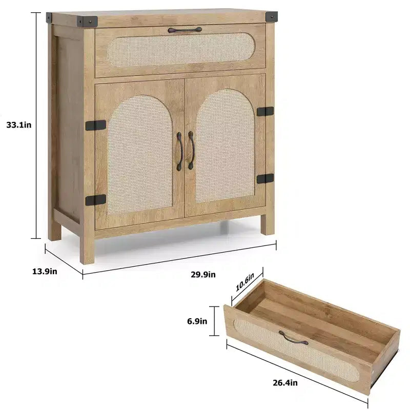 Rattan-Accent Sideboard  Natural Wood Buffet Cabinet with Drawer & Adjustable Shelves for Dining/Living Room/Kitchen