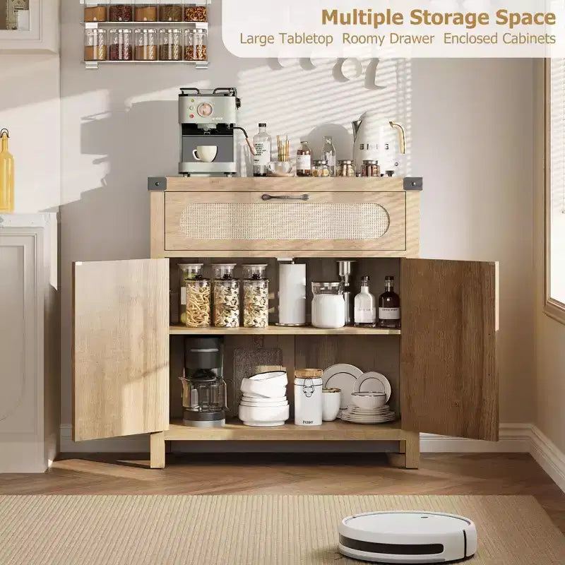 Rattan-Accent Sideboard  Natural Wood Buffet Cabinet with Drawer & Adjustable Shelves for Dining/Living Room/Kitchen