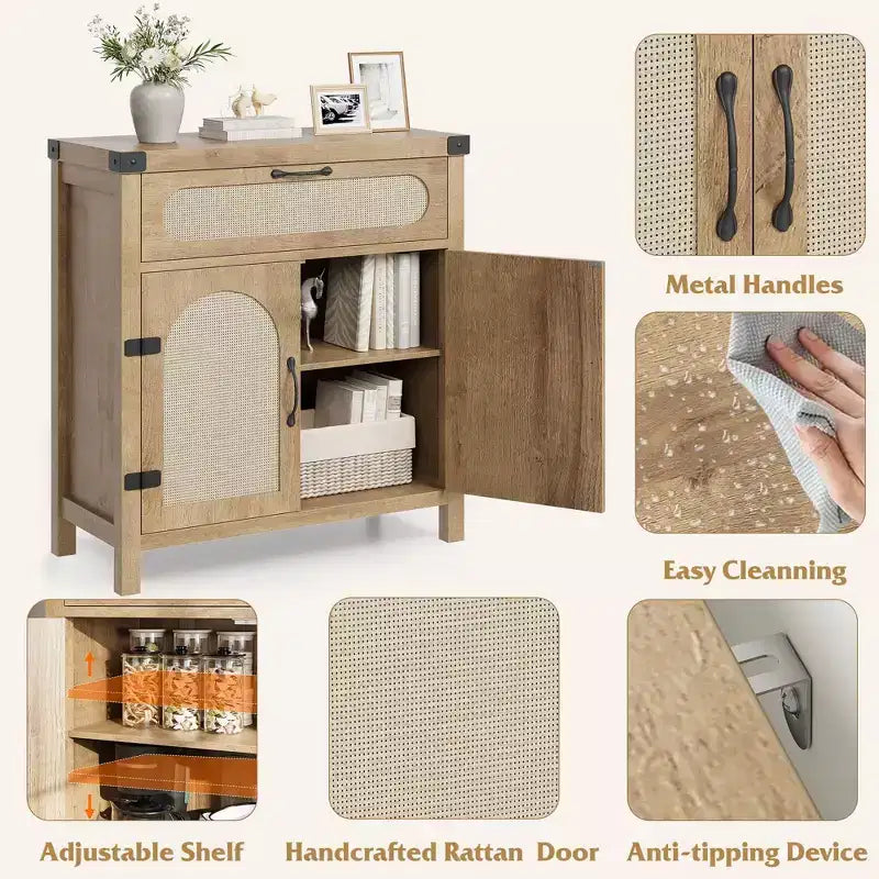 Rattan-Accent Sideboard  Natural Wood Buffet Cabinet with Drawer & Adjustable Shelves for Dining/Living Room/Kitchen