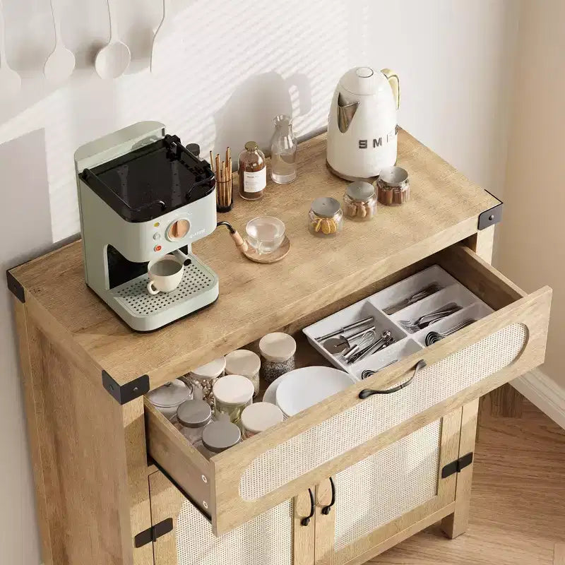 Rattan-Accent Sideboard  Natural Wood Buffet Cabinet with Drawer & Adjustable Shelves for Dining/Living Room/Kitchen