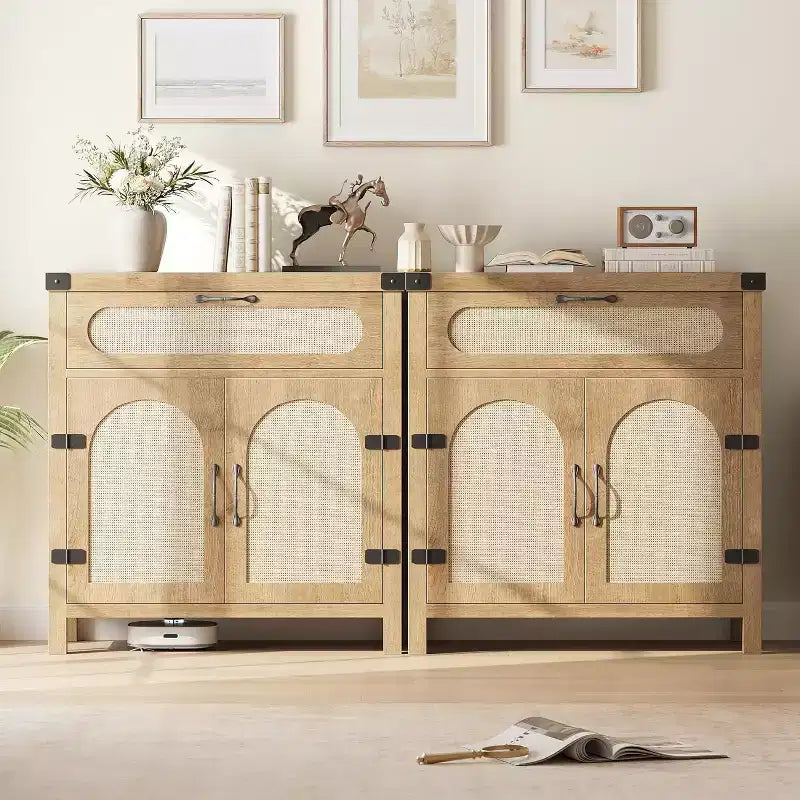 Rattan-Accent Sideboard  Natural Wood Buffet Cabinet with Drawer & Adjustable Shelves for Dining/Living Room/Kitchen