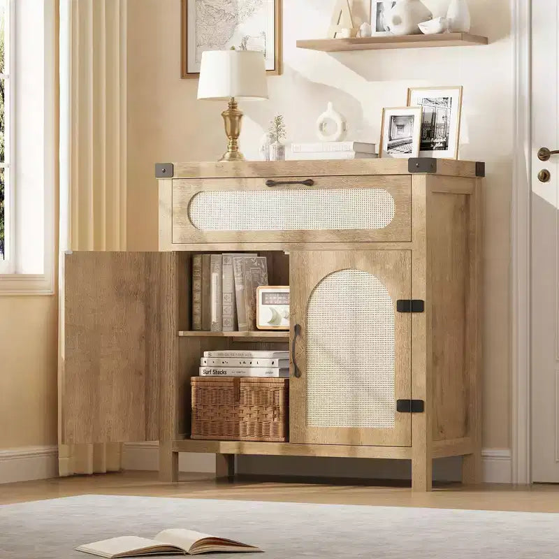 Rattan-Accent Sideboard  Natural Wood Buffet Cabinet with Drawer & Adjustable Shelves for Dining/Living Room/Kitchen