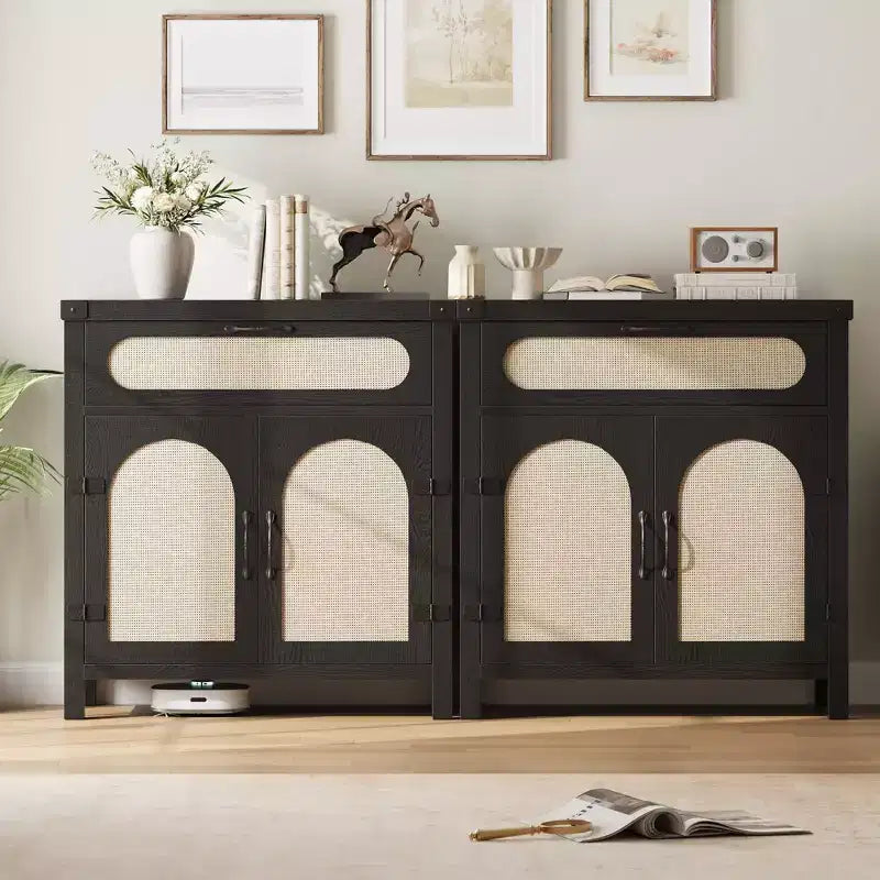 Rattan-Accent Sideboard  Natural Wood Buffet Cabinet with Drawer & Adjustable Shelves for Dining/Living Room/Kitchen
