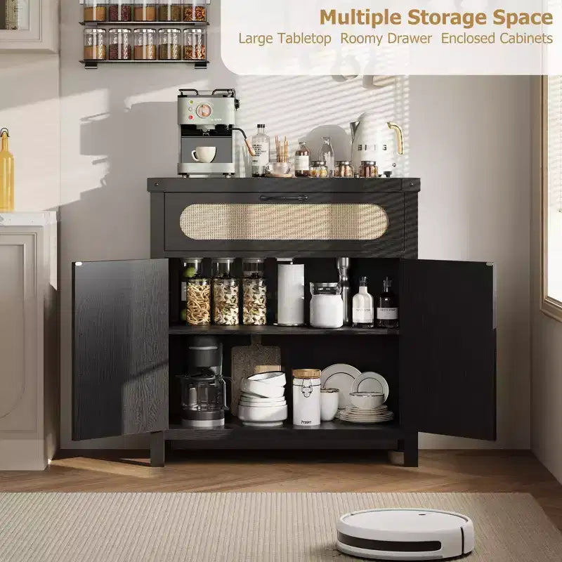 Rattan-Accent Sideboard  Natural Wood Buffet Cabinet with Drawer & Adjustable Shelves for Dining/Living Room/Kitchen