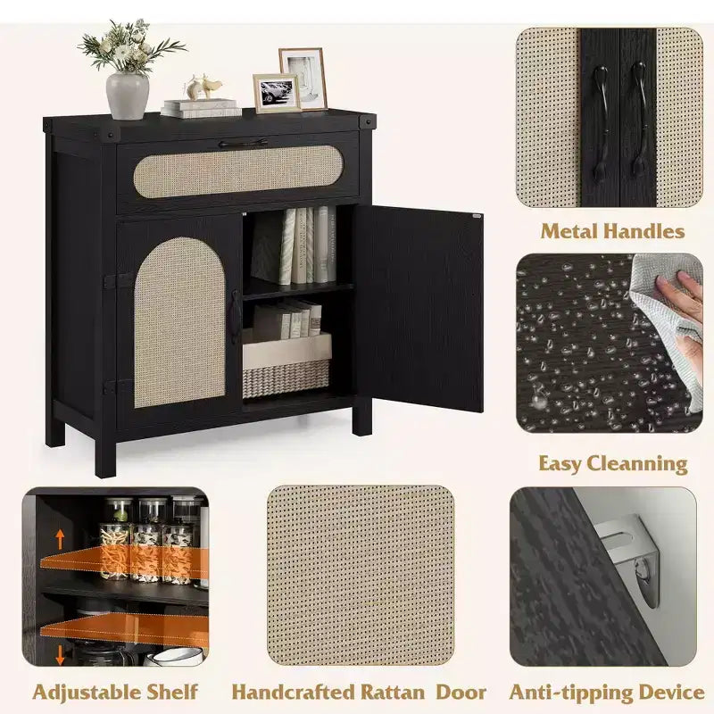 Rattan-Accent Sideboard  Natural Wood Buffet Cabinet with Drawer & Adjustable Shelves for Dining/Living Room/Kitchen