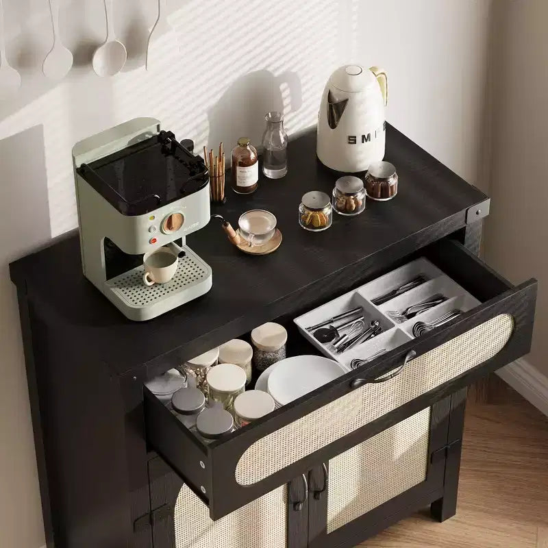 Rattan-Accent Sideboard  Natural Wood Buffet Cabinet with Drawer & Adjustable Shelves for Dining/Living Room/Kitchen