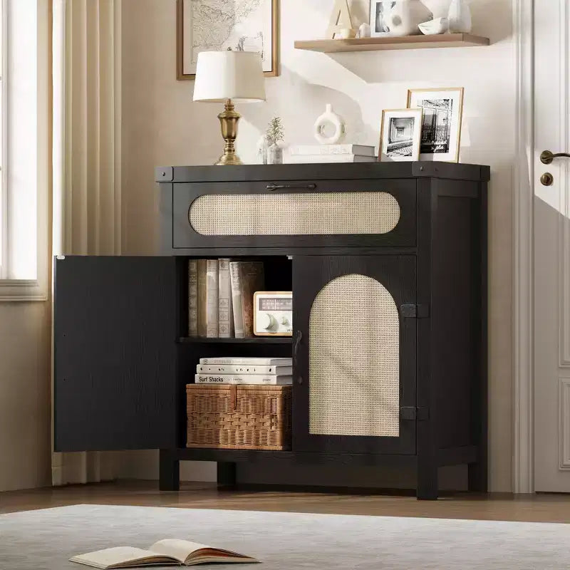 Rattan-Accent Sideboard  Natural Wood Buffet Cabinet with Drawer & Adjustable Shelves for Dining/Living Room/Kitchen