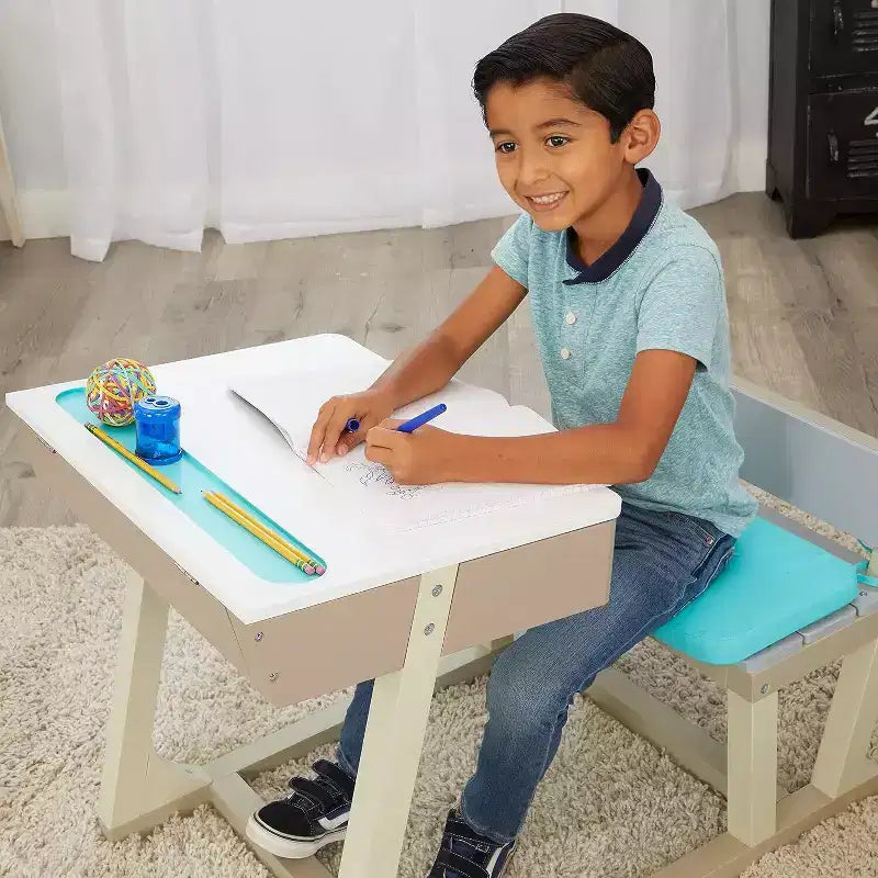HomeStock Kids Wooden Study Desk with Storage, Child-Sized Table for Learning and Creative Activities