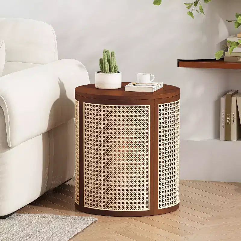 Round Rattan Side Table Rubber Solid Wood Accent Table, 15.7 End Table - ModernLuxe