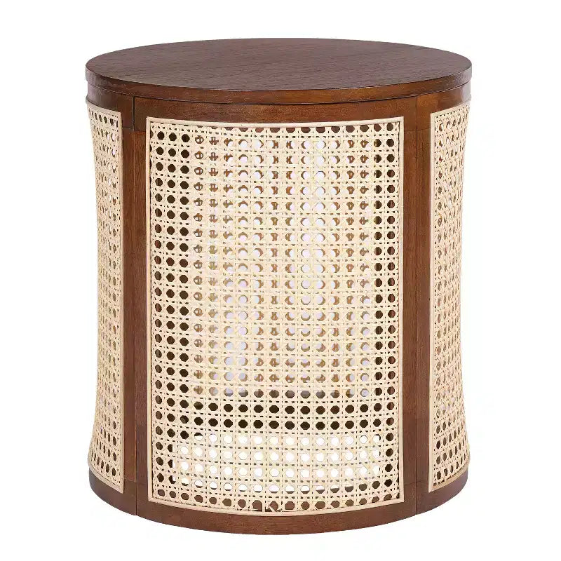 Round Rattan Side Table Rubber Solid Wood Accent Table, 15.7 End Table - ModernLuxe