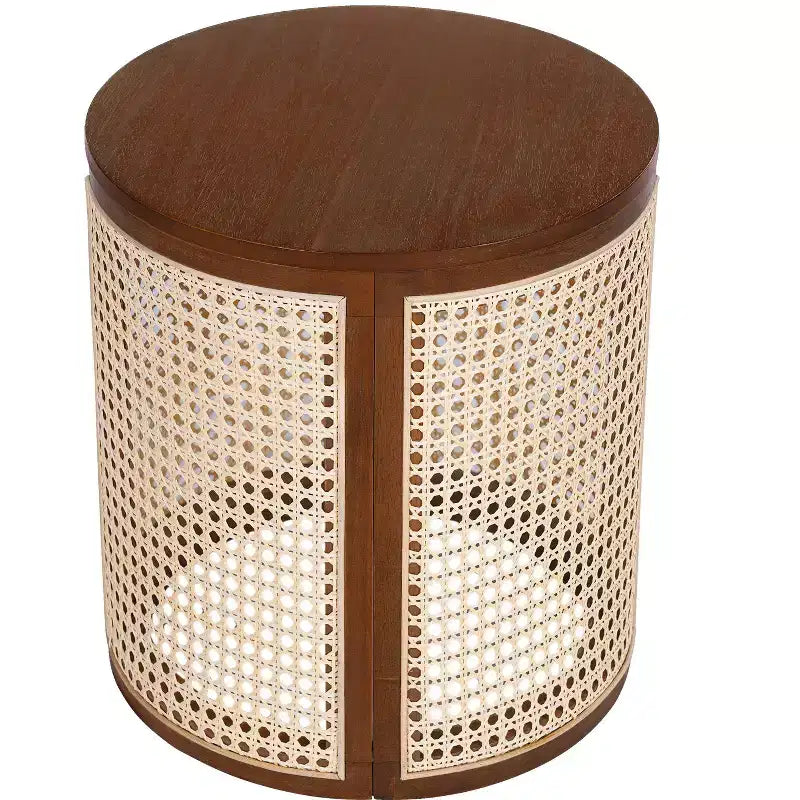 Round Rattan Side Table Rubber Solid Wood Accent Table, 15.7 End Table - ModernLuxe