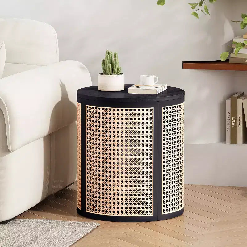 Round Rattan Side Table Rubber Solid Wood Accent Table, 15.7 End Table - ModernLuxe