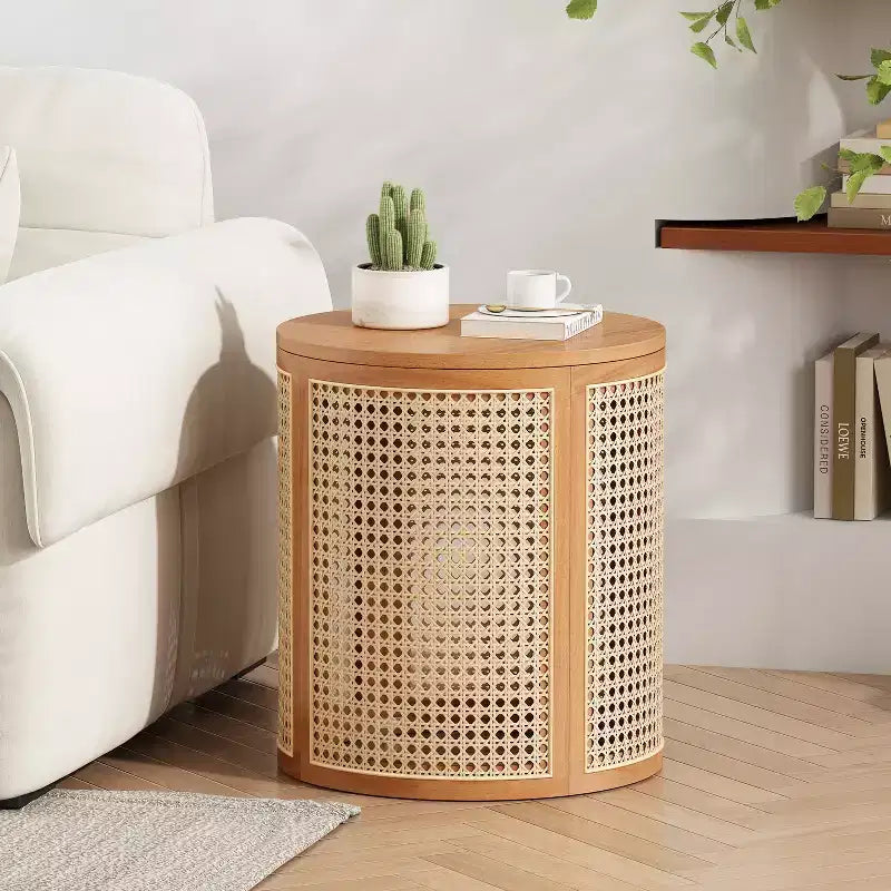 Round Rattan Side Table Rubber Solid Wood Accent Table, 15.7 End Table - ModernLuxe