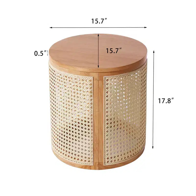 Round Rattan Side Table Rubber Solid Wood Accent Table, 15.7 End Table - ModernLuxe