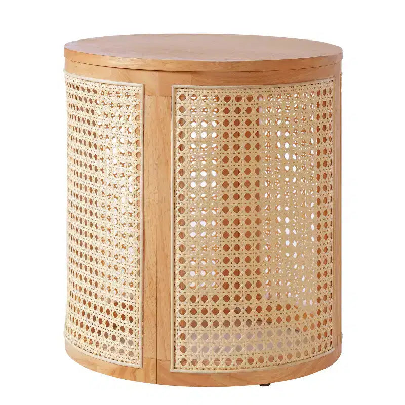 Round Rattan Side Table Rubber Solid Wood Accent Table, 15.7 End Table - ModernLuxe