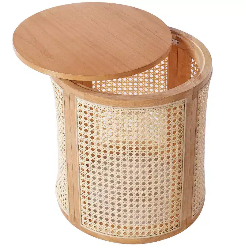 Round Rattan Side Table Rubber Solid Wood Accent Table, 15.7 End Table - ModernLuxe
