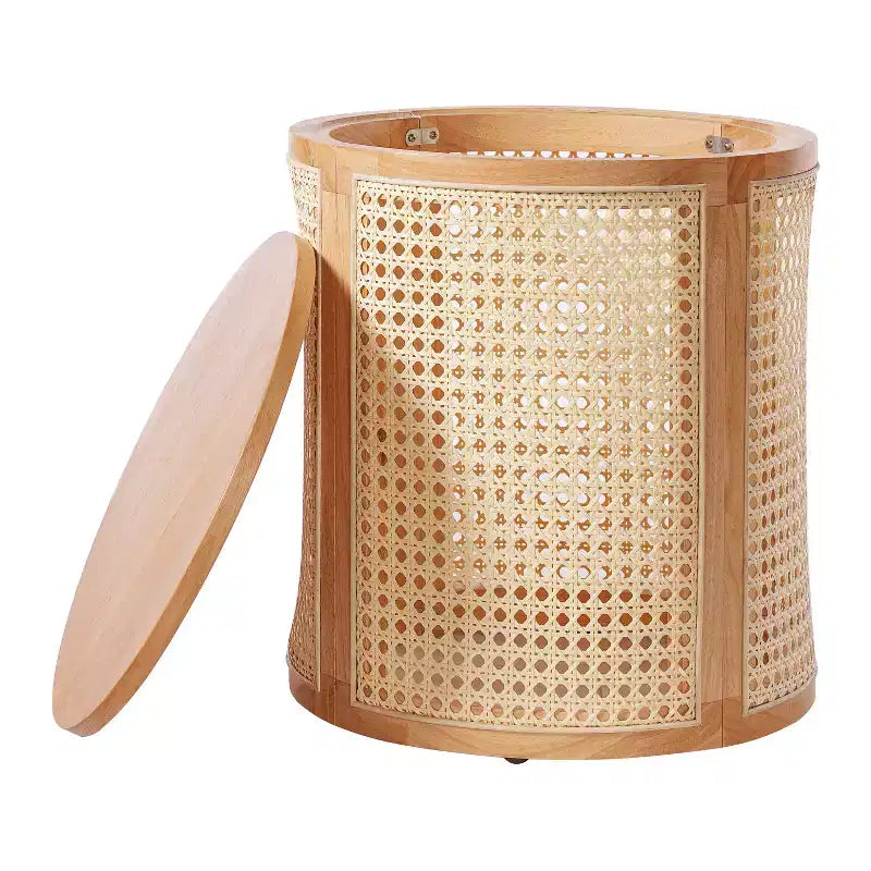 Round Rattan Side Table Rubber Solid Wood Accent Table, 15.7 End Table - ModernLuxe