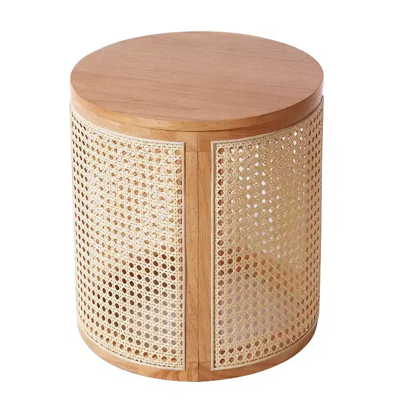 Round Rattan Side Table Rubber Solid Wood Accent Table, 15.7 End Table - ModernLuxe