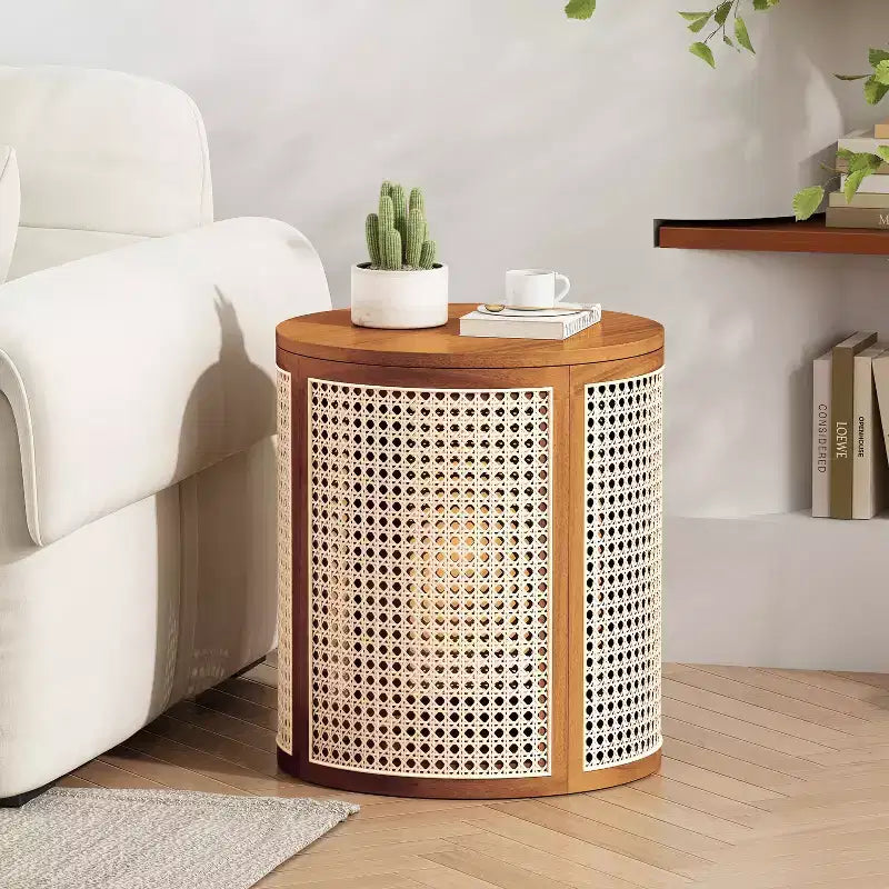 Round Rattan Side Table Rubber Solid Wood Accent Table, 15.7 End Table - ModernLuxe