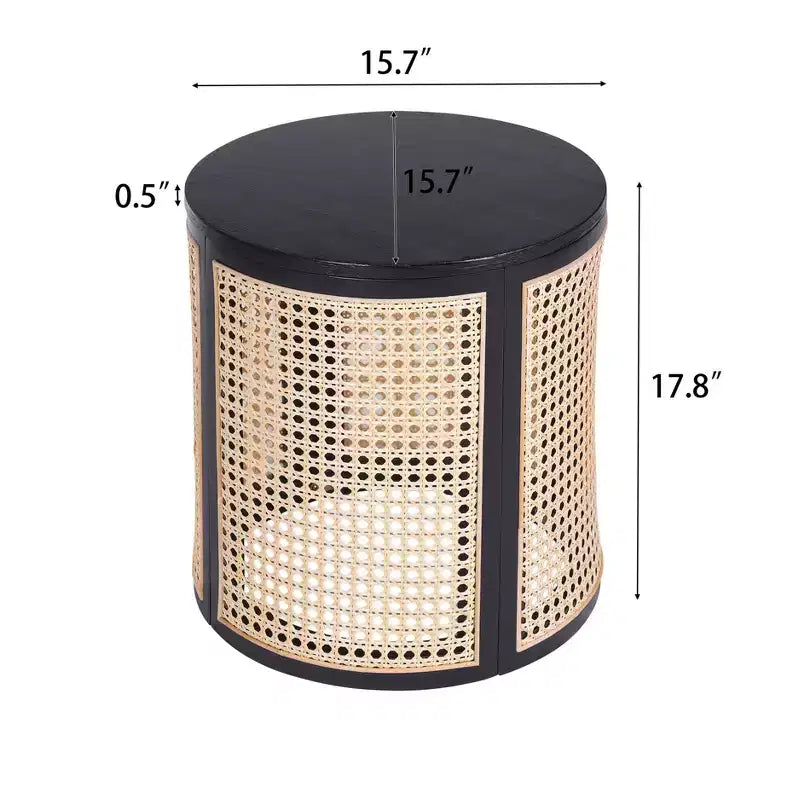 Round Rattan Side Table Rubber Solid Wood Accent Table, 15.7 End Table - ModernLuxe