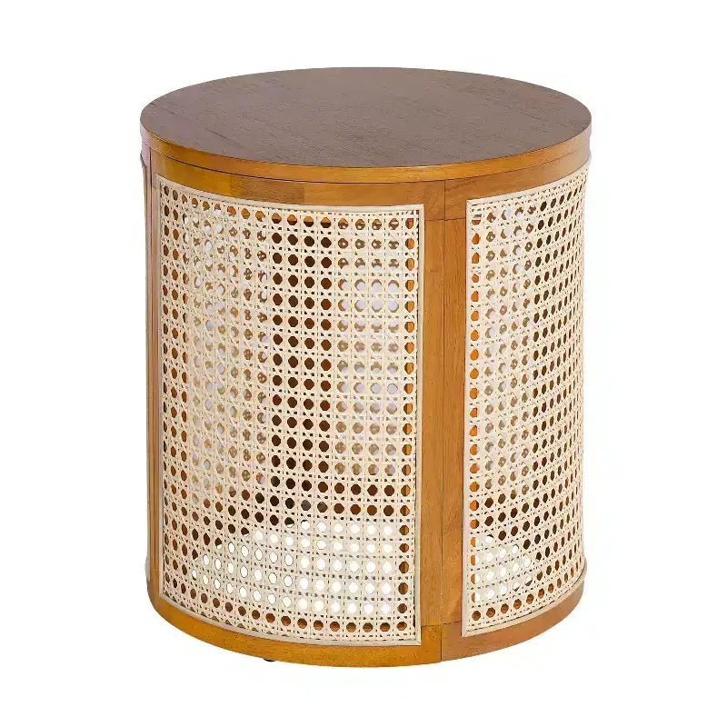 Round Rattan Side Table Rubber Solid Wood Accent Table, 15.7 End Table - ModernLuxe