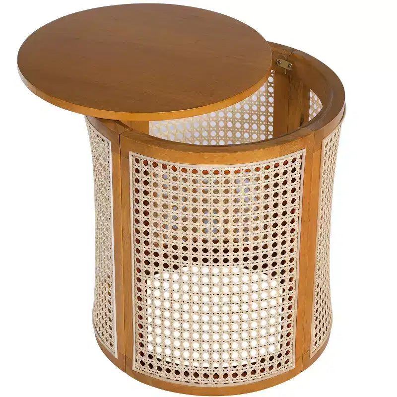 Round Rattan Side Table Rubber Solid Wood Accent Table, 15.7 End Table - ModernLuxe